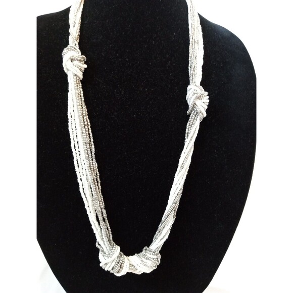 Metallic Multistrand Silver & White Seed Beaded & Knotted Necklace 30"-33" - Picture 5 of 7